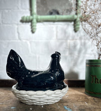 Load image into Gallery viewer, Antique Victorian staffordshire pottery Jackfield black hen tureen on white nest