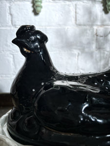 Antique Victorian staffordshire pottery Jackfield black hen tureen on white nest
