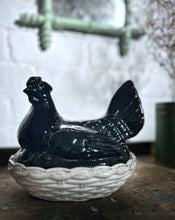 Load image into Gallery viewer, Antique Victorian staffordshire pottery Jackfield black hen tureen on white nest