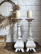 Load image into Gallery viewer, Wooden decorative French painted prickett candle sticks pair