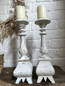 Wooden decorative French painted prickett candle sticks pair