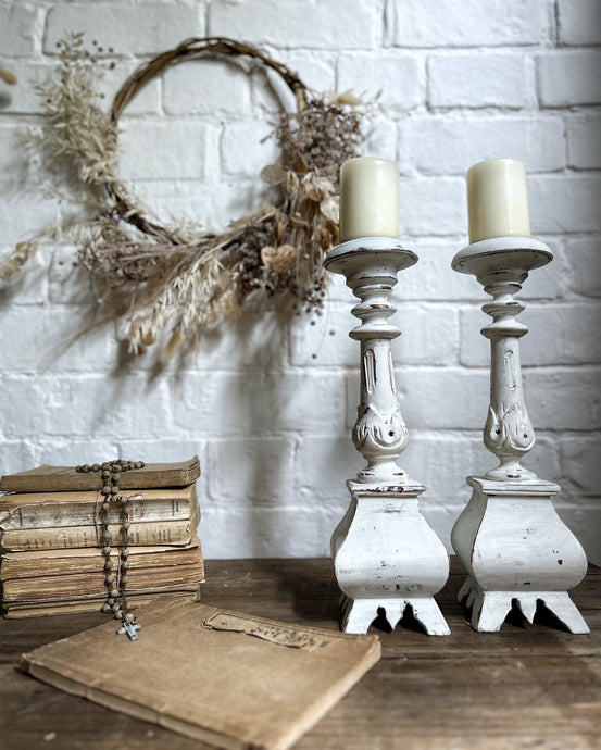 Wooden decorative French painted prickett candle sticks pair