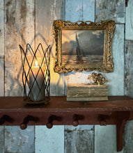 Load image into Gallery viewer, Vintage wire work trellis candle holder on ball feet