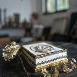 French Vintage Religious keepsake box with porcelain Madoona & child lid