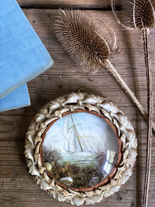 Antique Sailors Valentine Souvenir Shell Covered Circular Frame