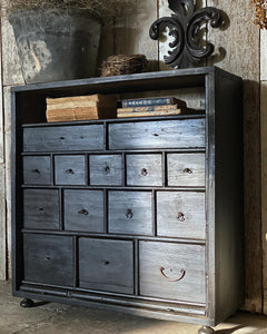 Black Painted Antique Apothecary Workshop Chest of Drawers