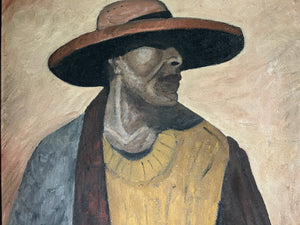 Mid century Modern art African male portrait oil painting on board in original frame