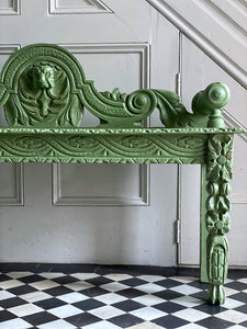 An Antique Victorian Carved Oak Wooden Hall Bench Seat Painted Green