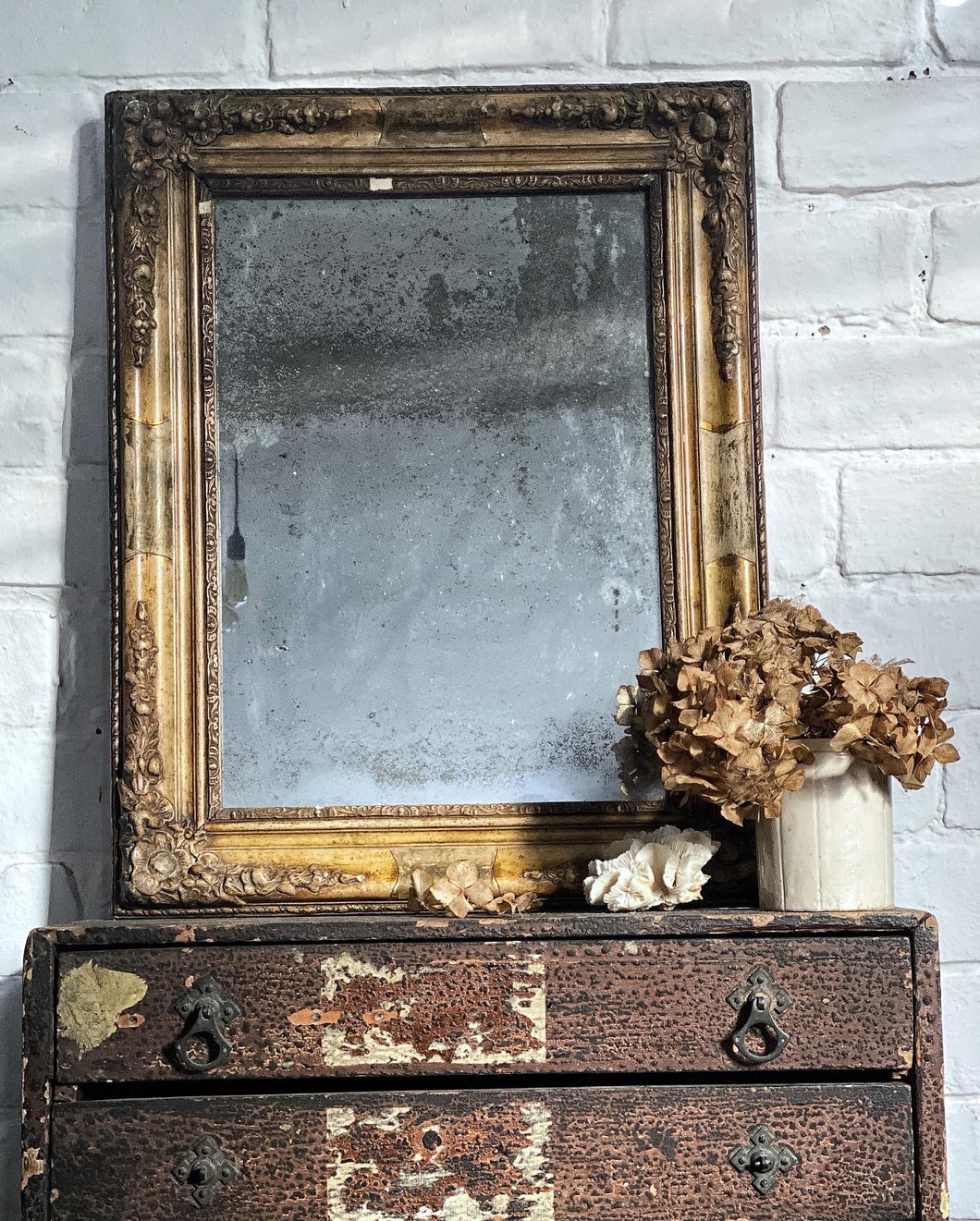 Antique vintage gilt gold wood plaster gesso mirror foxed distressed glass plate