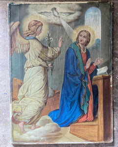 A religious antique oil painting on canvas with angel & dove