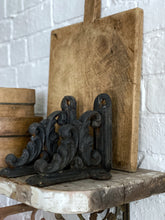 Load image into Gallery viewer, Antique Victorian wrought iron shelf brackets black