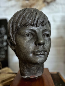 Vintage Mid century Art School Studio plaster bust sculpture head boy on wooden plinth