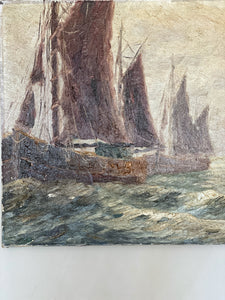 Belgium Vintage Antique nautical seascape oil painting on stretched canvas