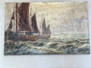 Belgium Vintage Antique nautical seascape oil painting on stretched canvas