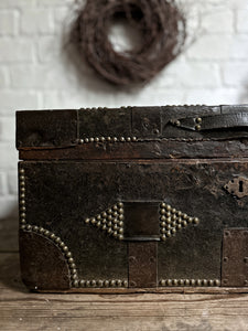 Antique Dutch Colonial East India 18th Century chest leather studded camphor coffer wooden trunk