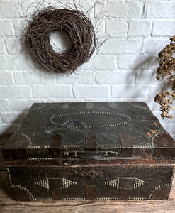 Antique Dutch Colonial East India 18th Century chest leather studded camphor coffer wooden trunk