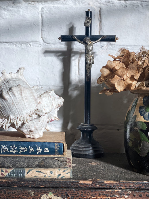 French antique church altar cross crucifix religious figure painted black
