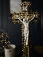 Load image into Gallery viewer, Antique French religious church altar cross crucifix with porcelain bisque figure