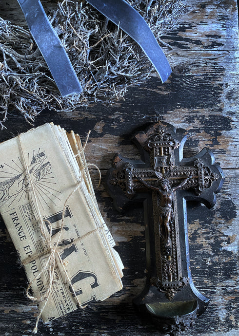 a vintage antique religious reclaimed french black and metal altar wall cross
