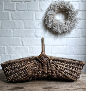 A French Vintage Wicker hand crafted foragers market basket with bent wood handle