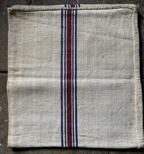 Load image into Gallery viewer, Vintage Hungarian Linen Grain Sack with Blue and Burgandy Stripe