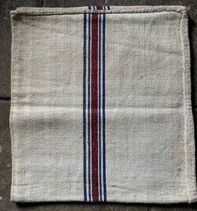 Vintage Hungarian Linen Grain Sack with Blue and Burgandy Stripe