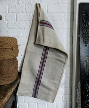 Load image into Gallery viewer, Vintage Hungarian Linen Grain Sack with Blue and Burgandy Stripe