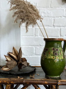 Green hand painted Vintage Floral Hungarian Folk art terracotta jug