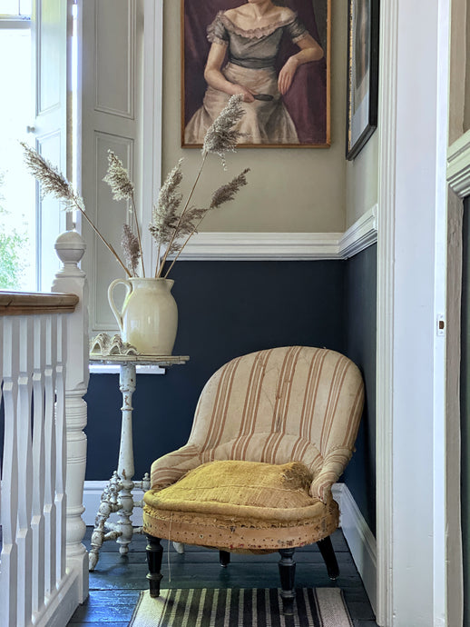 Antique French Napoleon III Tub chair deconstructed ticking stripe fabric