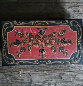 A folk art, hand painted, floral, wooden, storage box