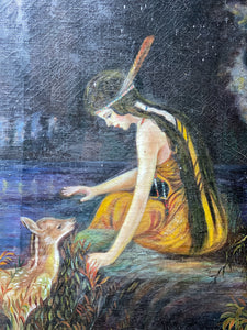 A lovely Vintage portrait in oil paints of a Native American girl with Deer