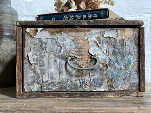 Vintage Japanese wooden storage box Distressed paper front