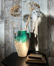 Load image into Gallery viewer, Rustic Mediterranean Oil Olive Jug Pot Jar green painted glaze