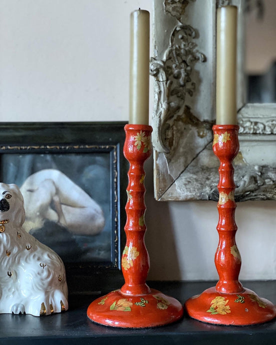 red lacquered vintage antique decoupage candle holders candle sticks flowers butterflies