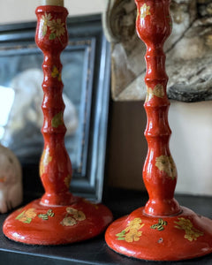 red lacquered vintage antique decoupage candle holders candle sticks flowers butterflies