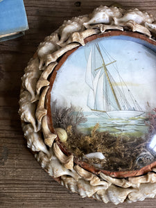 Antique Sailors Valentine Souvenir Shell Covered Circular Frame