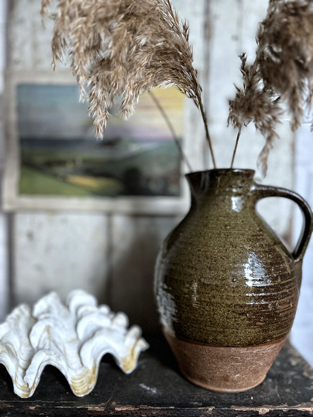 Vintage Studio Pottery olive green glazed terracotta jug