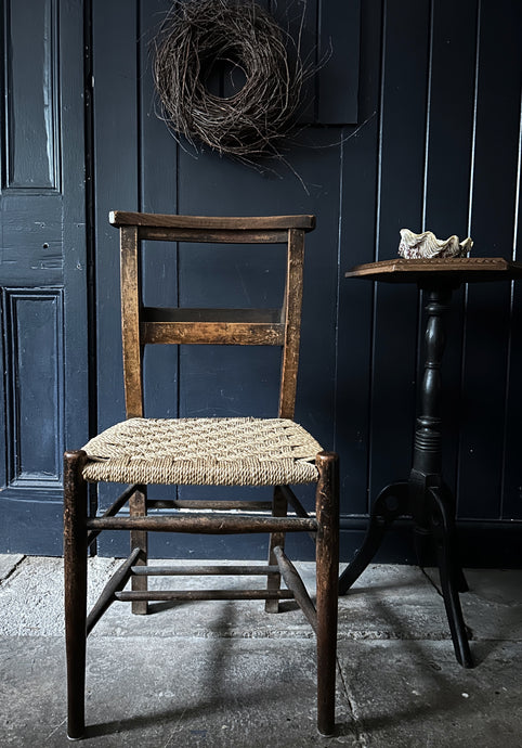 A Victorian Antique simple wooden chapel chair with string woven seat