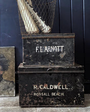 Load image into Gallery viewer, Medium sized antique black metal deed box with stencilled front