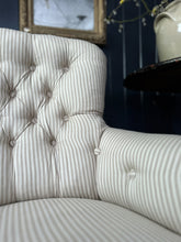 Load image into Gallery viewer, A Victorian Button back antique ticking striped arm chair