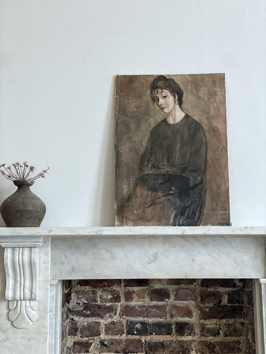 Vintage Mid 20th century Modern oil painting portrait lady girl
