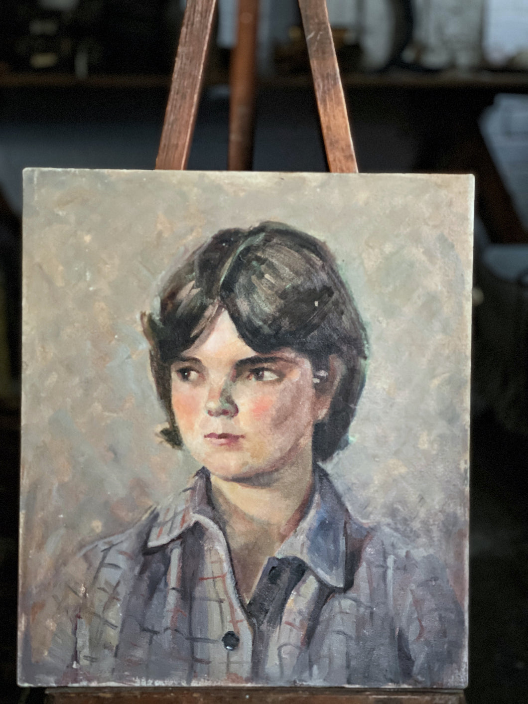 Mid 20th Century vintage portrait oil painting girl