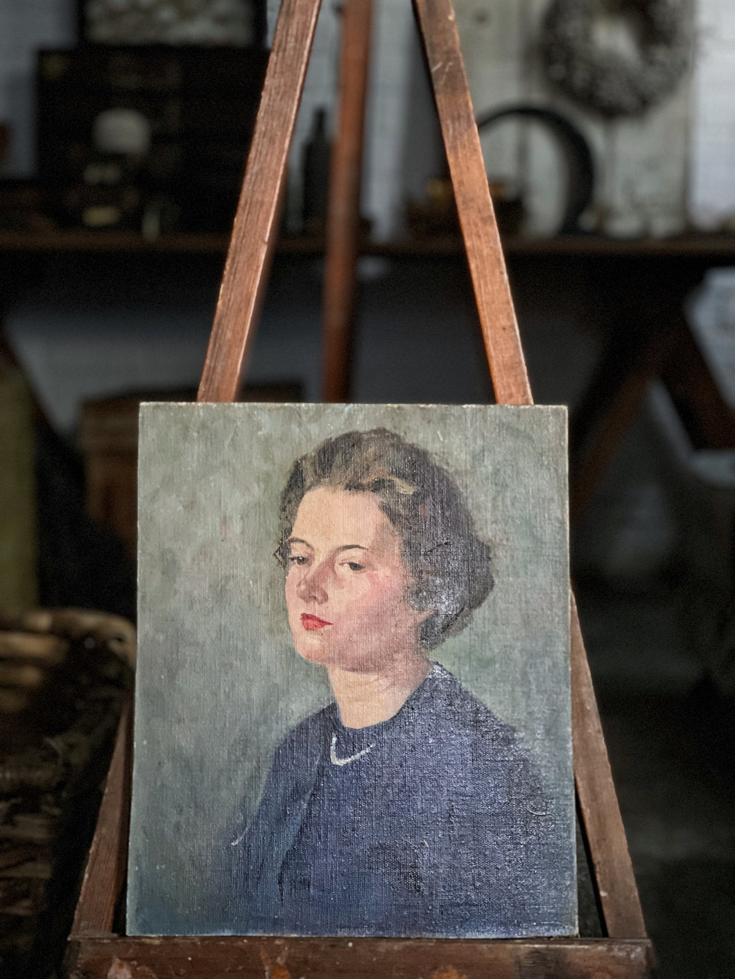 Mid 20th century vintage portrait oil painting lady woman