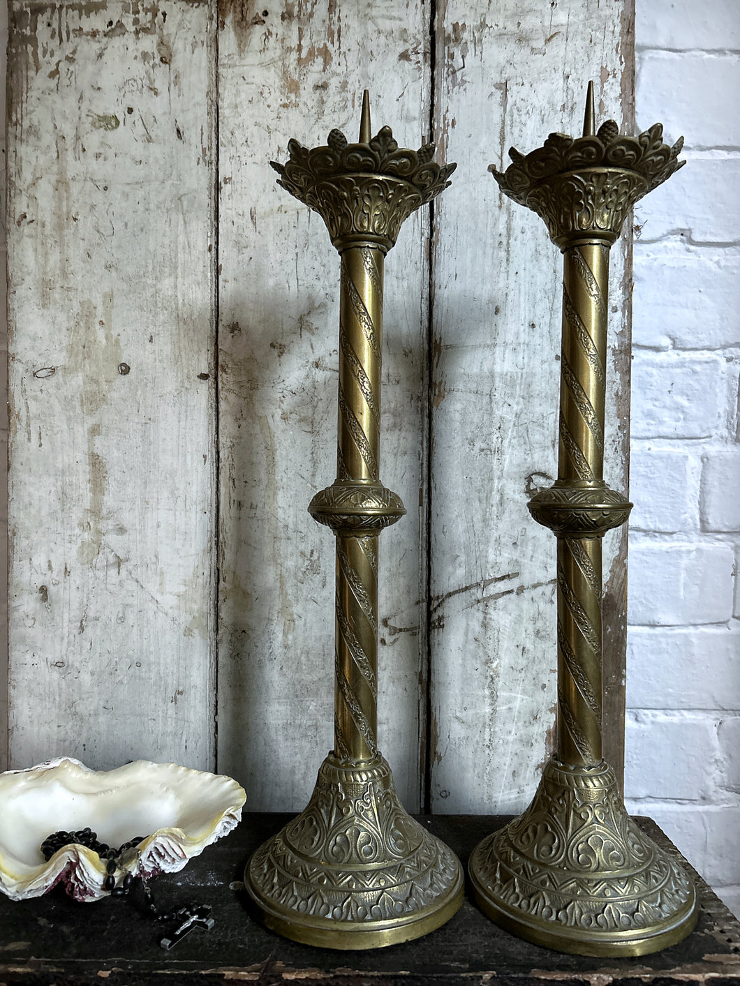 French Antique Vintage brass church altar candle sticks pair