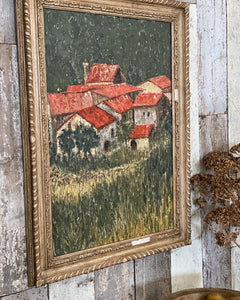 This wonderful vintage French expressionist landscape painting in oils has a wonderful impasto technique finish, giving a fantastic texture to the painting. The painting is on board and framed in it's original vintage wooden carved and limed frame, which has a small area of damage which is shown in more detail close up photos.  Measurements are 63cm W x 86cm H