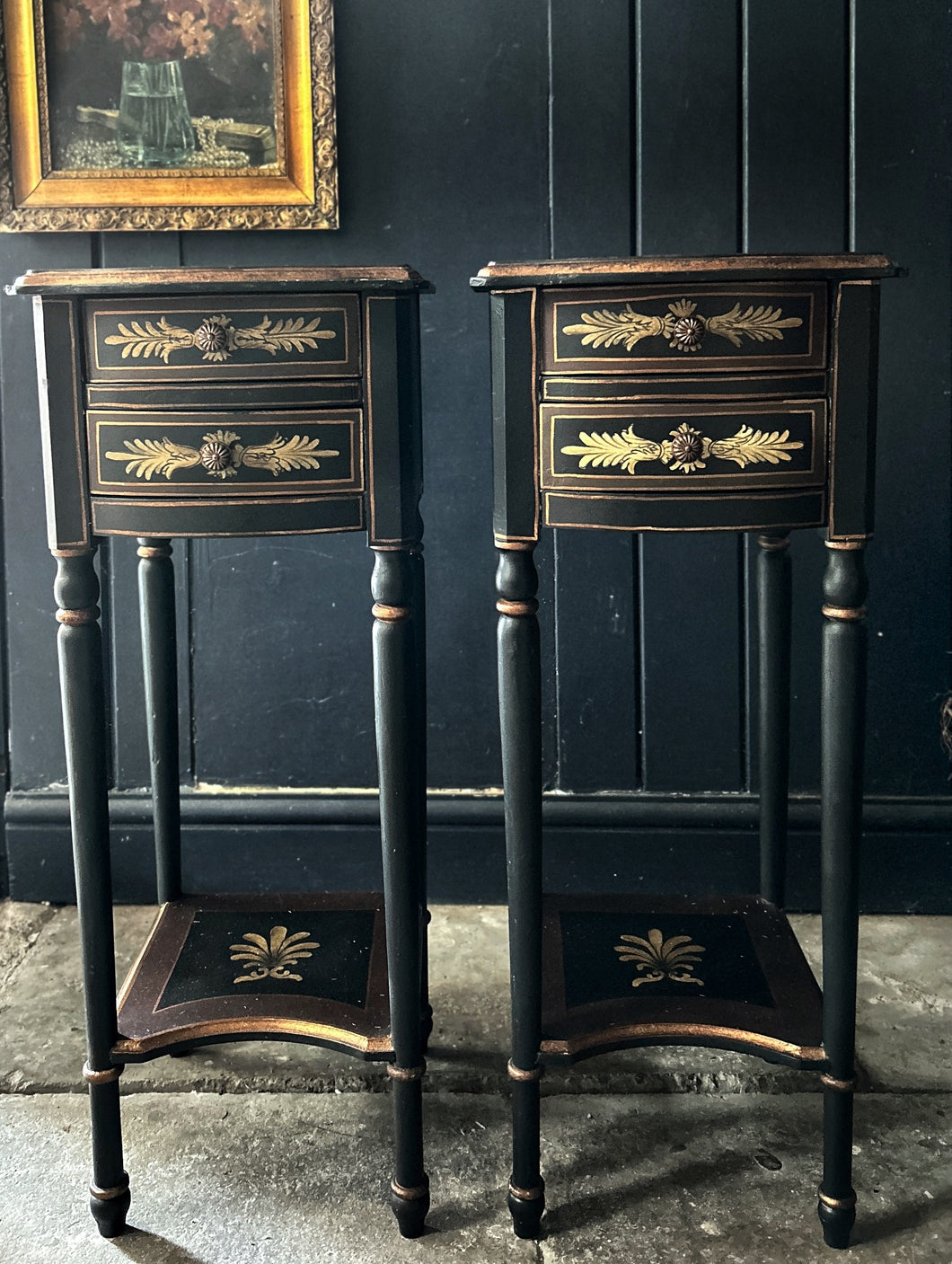 Wooden black original hand painted decorative vintage antique bedside cabinets pair