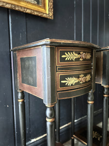 Wooden black original hand painted decorative vintage antique bedside cabinets pair