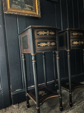 Load image into Gallery viewer, Wooden black original hand painted decorative vintage antique bedside cabinets pair
