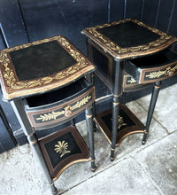 Load image into Gallery viewer, Wooden black original hand painted decorative vintage antique bedside cabinets pair
