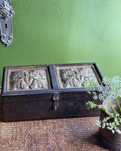 Load image into Gallery viewer, An Arts and Crafts mid 19th Century antique wooden storage box with brass decorative lid